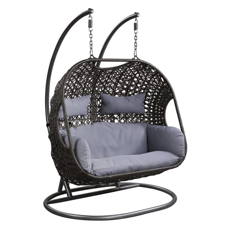 HANDWOVEN AND HANDCRAFTED IRON AND WICKER 2 SEATER SWING CHAIR: Add a playful look to your patio with this outdoor hanging hammock swing stand chair for adults. Deck up your balcony with this all-weather synthetic PE wicker with a heavy duty powder-coated iron frame. The antique bronze finish swing can hold upto 180-200 KGS in weight capacity. This beautiful hanging basket swing comes with a chain. Enjoy the garden,outdoor, or indoor with this easy to manage patio decor in any weather